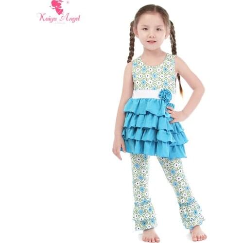 Kaiya Angel Girls Fashion 2pcs Children Clothing Set Sky Blue Cotton Flower Birthday Wedding Party Boutique Clothes Wholesale