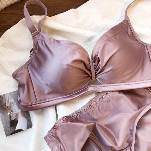 Satin bowknot bra set small chest gather up no steel ring bralette comfortable upper thin thick girl underwear lingerie set
