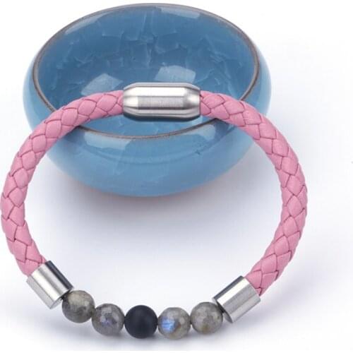 Hot Sale Magnetic Bracelets Fill Beads Pink Leather Strand Bracelet With Clasp Wristband Rope Braided Bracelets For Women
