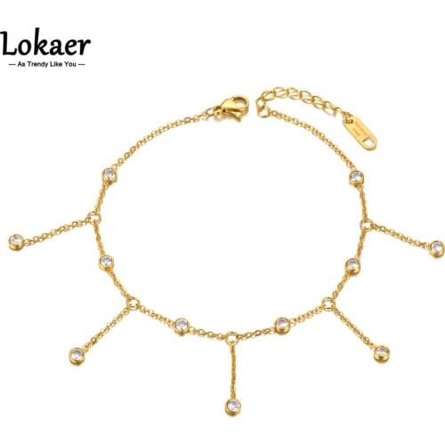 Lokaer Fashion Chain Link Anklets For Women Girls 14K Gold Stainless Steel CZ Crystal Foot Jewelry Браслет На Ногу A21028