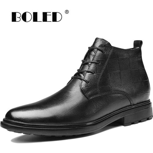 Plus Size Men Boots Quality Natural Leather Ankle Snow Boots Men Shoes Warm Fur Plush Lace-Up Winter Shoes Men