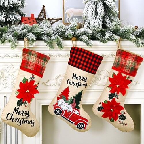 Newest Arrival Christmas Stockings Rustic Gnomes Poinsettia Fireplace Hanging Stockings with Plaid Cuff for Home Décor