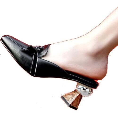 2020 New Arrivals Strange Style Slipper Square Toe Butterfly Knot Genuine Leather Slip On Shoes Summer Spring Ladies Casual