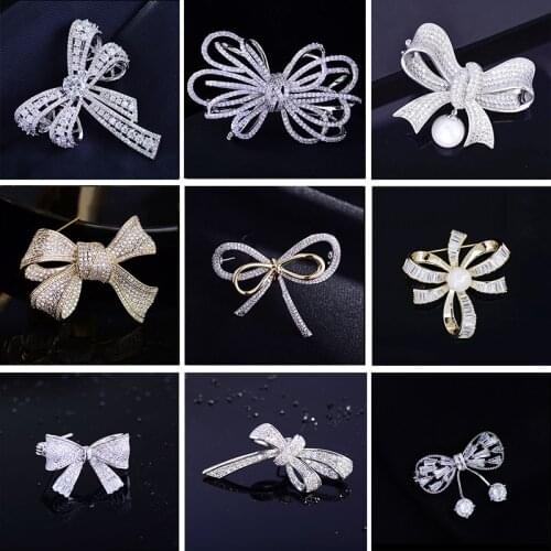 OKILY Delicate Womens Brooches Jewelry Accessories Tassel Pearl Zircon Bowknot Brooch Pin Cute Bow Lapel Pin for New Year Gift