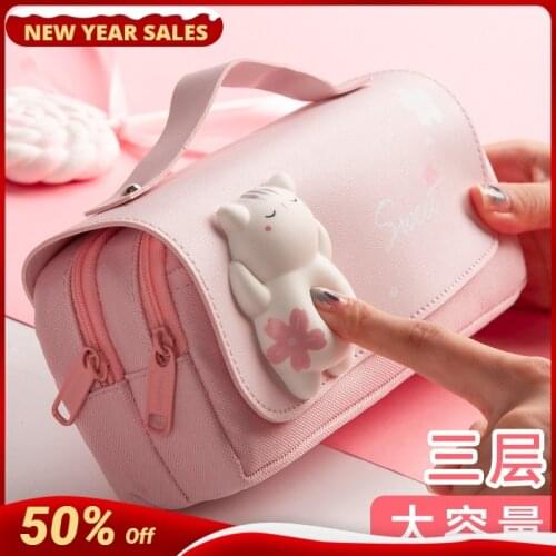 Large Capacity Pencil Case Kawaii Canvas three Layer Pen Brushes Pouch Pencil Bag Portable Box Gifts Supplies School Stationery