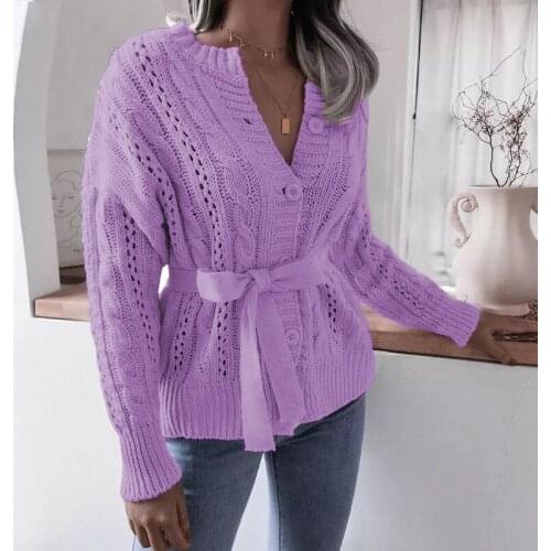 Hirigin Ladies Caidigan Casual Sash Belt Women Cardigan Sweater 2021 Autumn Winter Twist Female Outwear Sweater Coat Hollow Out