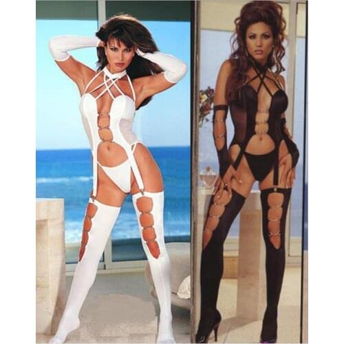 Attractive White Black 2016 Erotic Fetish Lingerie Teddy Super Sexy Women Halter Lingerie +G-String+Gloves+Stockings 4 Piece Set