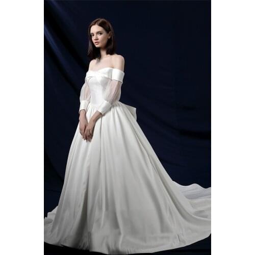 Simple Ivory Satin Wedding Dresses With Pockets Off Shoulder Long Sleeves Big Bow Back Lace-up Court Train Garden Bridal Gowns