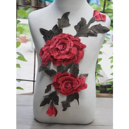 Size-48*24cm(3pcs/lot) Sewing Shade of Dark Red Floral 3D Venise Lace Applique , Embroidery Lace patch