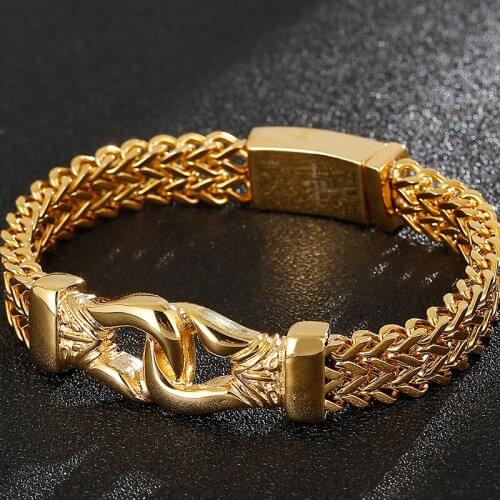 Luxury Bracelet Men 11MM Golden Stainless Steel Double Layer Franco Link Curb Chain Mens Bracelets Vikings Decoration Jewelry