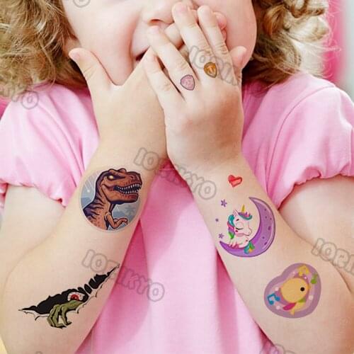 Round Dinosaur Demon Temporary Tattoo For Kids Boys Girls Moon Unicorn Tattoos Sticker Fake Watercolour Arm Tatoos Son Daughter