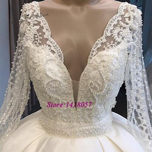 High Quality Long Sleeve Wedding Dresses Beaded Pearls Wedding Gowns Satin Ball Gown Lace Bride Dress 2020 Suknia Slubna