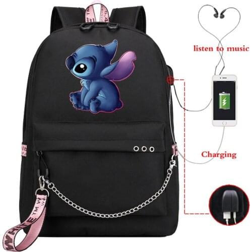 Disney Kawaii Stitch Bag Zipper USB Charging Mochila Capacity Backpack Women Kpop School Bags for Teenage Girls Students