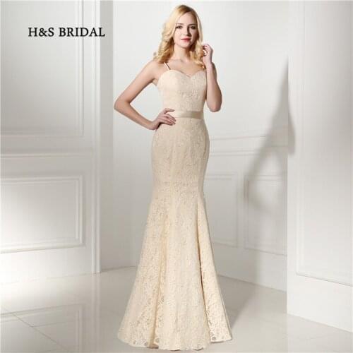 H&S Bridal Lace Light Champagne Spaghetti Strap Mermaid Party Prom Dresses Cheap China New Arrival Evening Dresses