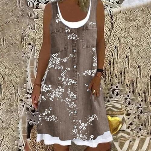 Vintage Imitation Denim Floral Print Women Dress 2021 New Summer Sleeveless Casual Beach Loose Dress Vestidos De Festa