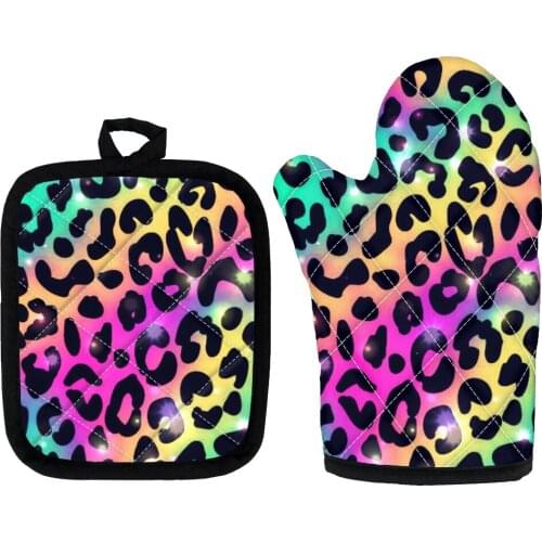 2pcs/Set Fashion Nordic Style Rainbow Leopard Print Kitchen Cooking Microwave Gloves Baking BBQ Oven Mitts Insulation pads