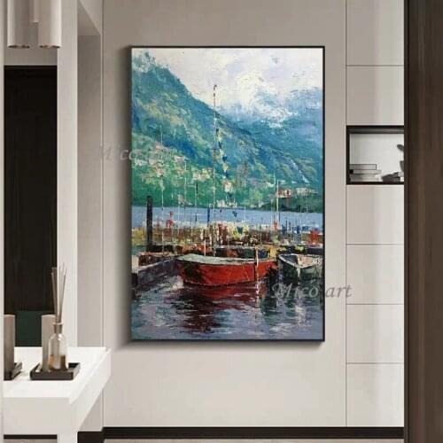 Hand drawn abstract oil painting mural on the dock docked boat green mountains