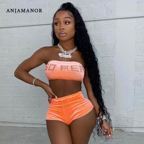 ANJAMANOR Sexy Velour 2 Piece Set Tracksuit Summer 2021 Outfits Club Wear Wholesale Rhinestone Top Booty Shorts Sets D85-BH13