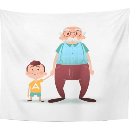 White Arm Grandfather and Grandson Holding Hands Little Boy Old Man Cartoon Happy Family Home Decor Tapestry Wall Hanging