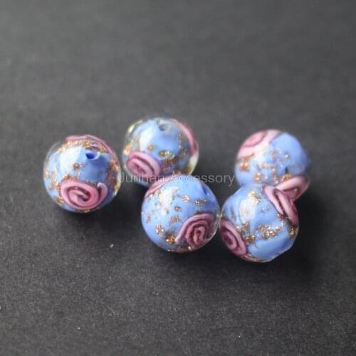 10Pcs/Lot 10mm 12mm Handmade Lampwork Flower Beads Blue Color With Gold powder Japanese Style for jewelry