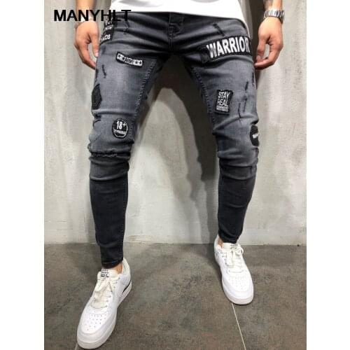 Denim New Mens Skinny Jeans Europe And America Black Hole Badge Patch Small Feet Denim Mens Trousers Fashion Casual Trousers