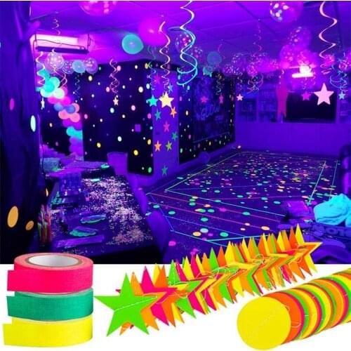 Black Light Party Supply Fluorescent Tape Black Light Neon Star Circle Dots Five-Pointed Star for Party Decorations