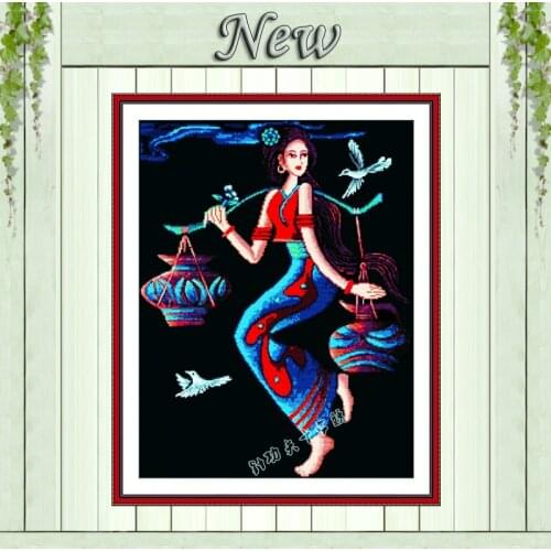 Girl beauty harvest paintings counted on canvas Cross Stitch Embroidery kits Needlework Sets DMC 14CT 11CT black cloth unprinted
