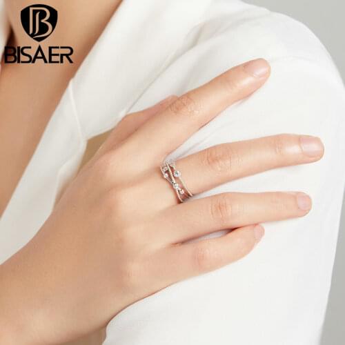 BISAER Shining Stars Rings 925 Sterling Silver Open Zirconia Finger Ring For Women Wedding Party Fine Jewelry Anel EFR162