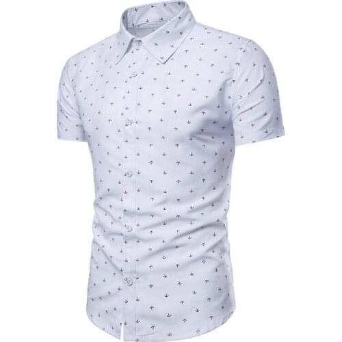 Short Sleeve Men Shirt Summer Casual Slim Fit Mens Fashion Beach Shirts Anchor Print Turn-Down Collar Male T047
