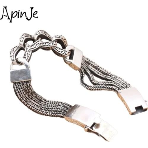 Apinje Genuine Retro 925 Sterling Silver Bracelet Men Creative Personality Peace Pattern Hand Chain Mens Jewelry
