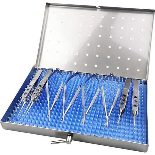 Stainless Steel 8Pcs/set Ophthalmic Instruments Scissors Needle Holders Tweezers with Disinfection Box