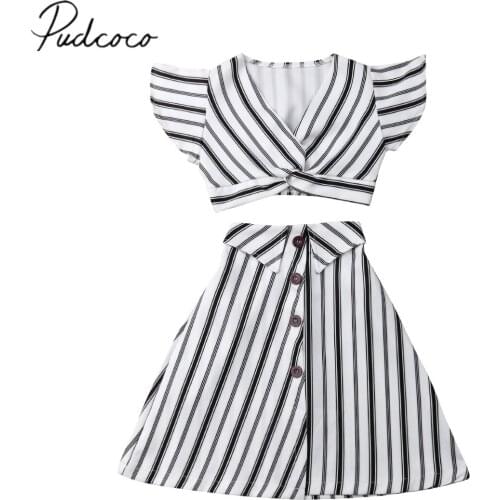 2019 Brand New 3-8Y Toddler Kids Baby Girls Striped Clothes 2PCS Sleeveless T-Shirts Crops Tops+Button Skirts Summer Fashion