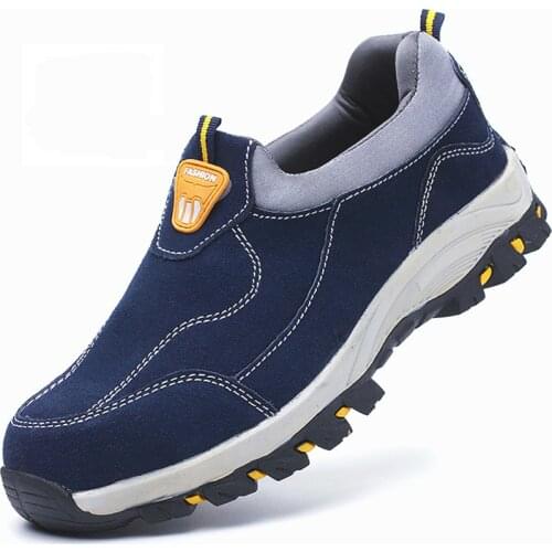 New design mens working shoes cow leather steel toe caps shoe slip-on worker security boots blue safety botas seguridad zapatos