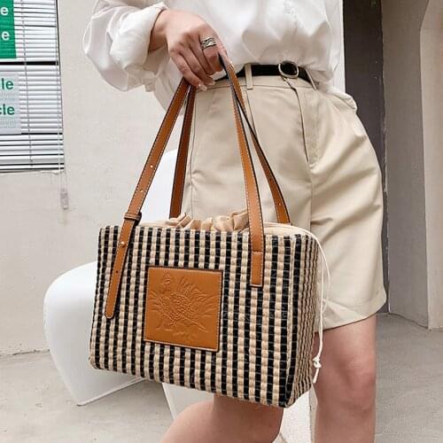 Casual Striped Basket Straw Bags Rattan Woven Women Shoulder Bags Wicker Woven Handbags Summer Beach Large Tote Big Purses 2021