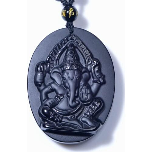 Drop Shipping Obsidian Elephant Ganesha Amulet pendant with Chain obsidian Blessing Lucky pendants
