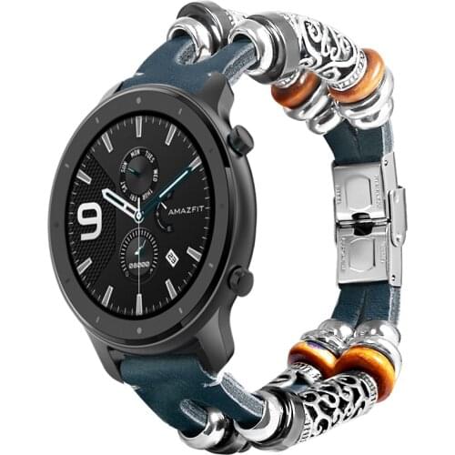 DIY beads handmade 20mm 22mm Retro Leather Watch Band For Huami Amazfit GTR 42mm / Amazfit GTR 47mm Smart Wristbands WatchStrap