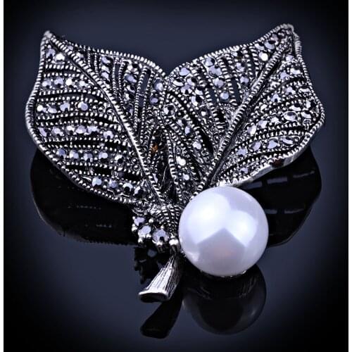 Retro Style Black Gun Plated Full Crystal Rhinestones Brooches for Women Dress Accessory Vintage Imitation Pearl Brooch pins