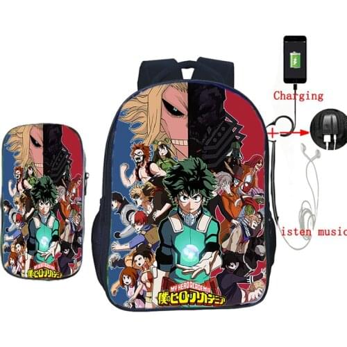 Mochilas Boku No Hero Academia Backpack USB Charging Book Bags Pen Bag Boys Girls 2 Pcs Set School Bags Teens Laptop Knapsack