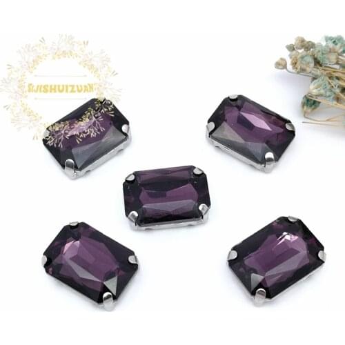 Classic Deep Purple Rectangle Glass Crystal sewing rhinestones with silvery claw Diy wedding dress accessories Free shipping