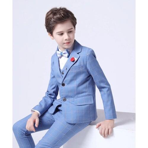 Formal Child Plaid Suit Set Spring Autumn Flower Boys Wedding Host Show Party Performace Costume Kids Blazer Vest Pants Clothes