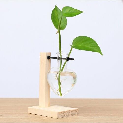 Wooden Frame Clear Glass Vase Heart Shape Hydroponic Plant Vase Flower Pot Table Desktop Bonsai Bud Vase Home Decoration