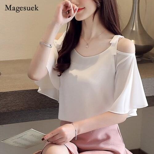 2021 Ladies Tops Blouse for Women Womens Tops and Blouses Off Shoulder Top Blouse Women White Chiffon Blouse Short 4386 50
