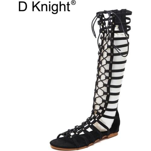 2019 Summer Boots Women Fashion Rivet Cut-outs Flats Shoes Woman Cross-tied Gladiator Sandals For Women Black Knee High Boots