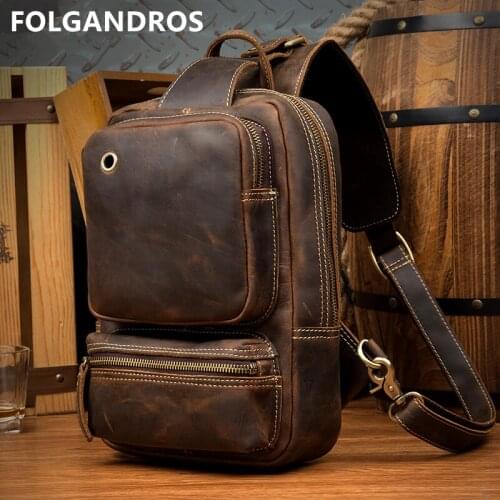 FOLGANDROS Cow Leather Chest Bag 2017 Men Vintage Genuine Leather Chest Pack Sling Shoulder Messenger Bag Zipper Phone Pockets