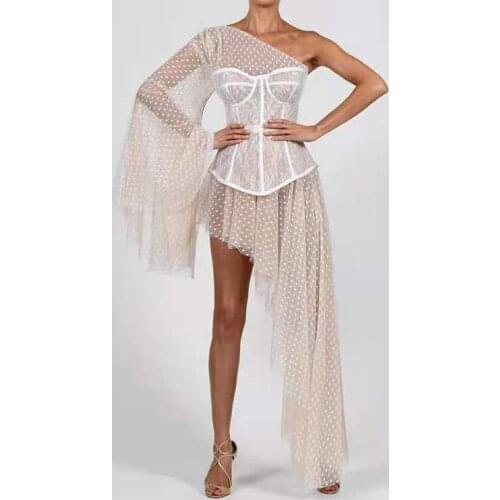 2021 Sexy Fashion Women One Shoulder Lace Dot Mini Bodycon Party Dress