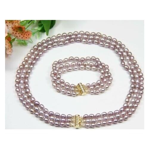3 row 7-8mm natural genuine oval freshwater pink purple pearl necklace 17"-18" bracelet