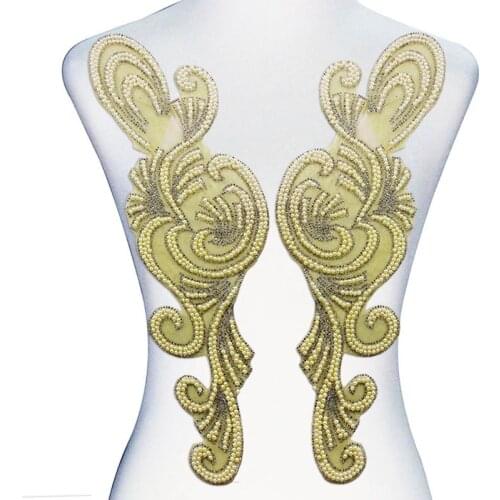 5pair Mirror Pair Flower Iron on Patches Beads Crystal Hot Fix Rhinestones Heat Transfer Applique For Craft Sewing Garment T2419