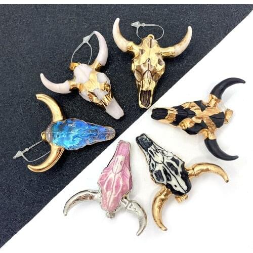 Acrylic Pendant Natural Stone Inlaid Necklace Bull Head Shape DIY Making Necklace Pendant Accessories Charm Wholesale