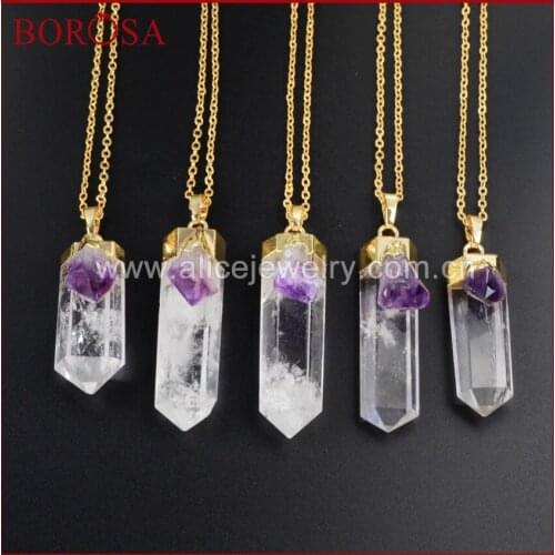 BOROSA Gold Color Cluster Aura Druzy Quartz Crystal Point & Natural Purple Crystal Druzy Pendant Necklace WX009-N