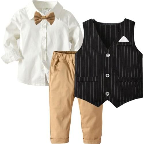 Gentleman Kids Blazers 2021 Autumn Baby Shirt Overalls Coat Tie Boys Suit for Wedding Formal Party Wear Cotton Children Clothes